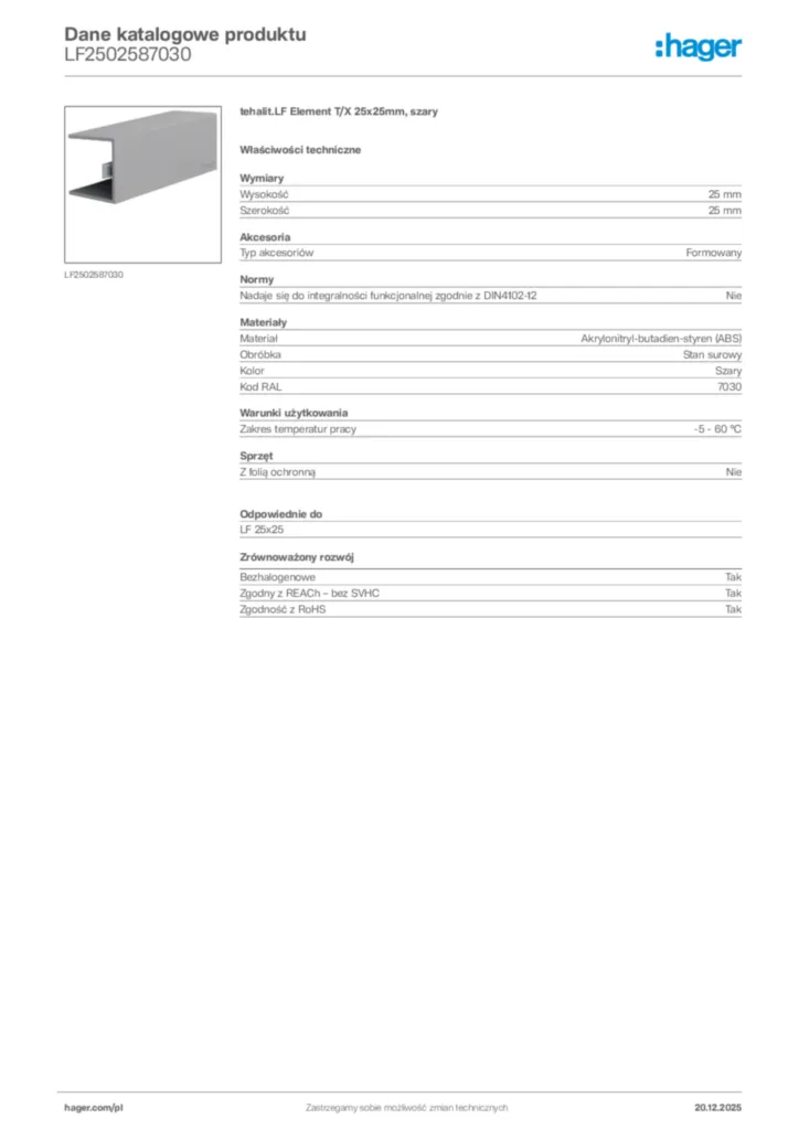 Zdjęcie Hager Karta katalogowa LF2502587030 | Hager Polska