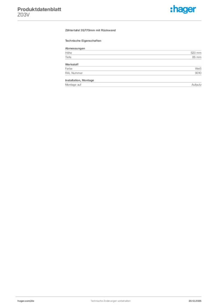 Bild Hager Produktdatenblatt Z03V | Hager Deutschland