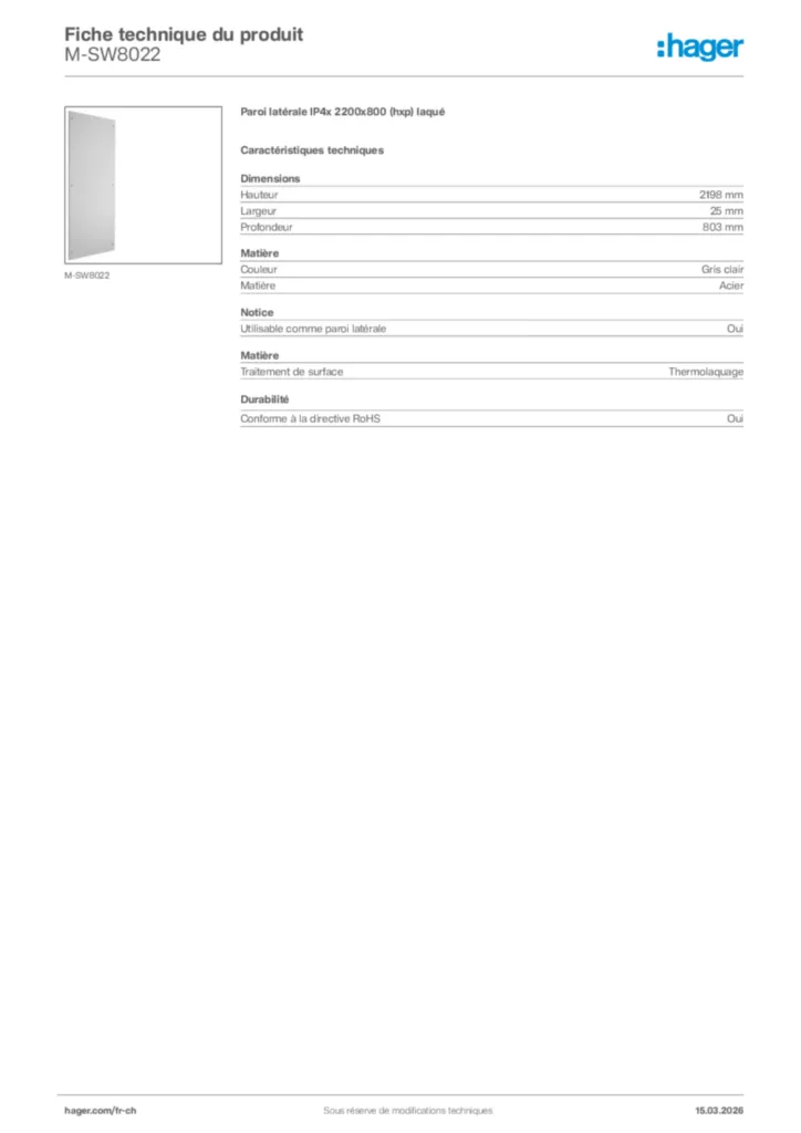 Image Hager Fiche technique du produit M-SW8022 | Hager Suisse