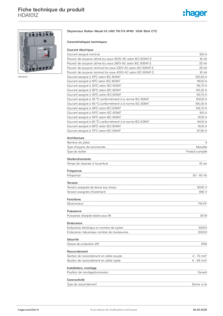 Image Hager Fiche technique du produit HDA101Z | Hager Afrique