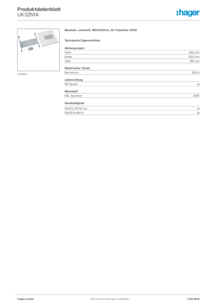 Bild Hager Produktdatenblatt UK32N1A | Hager Deutschland