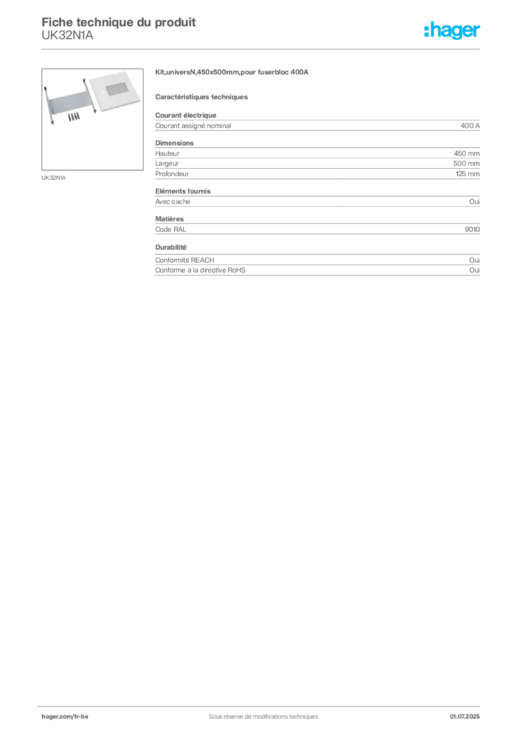 Image Hager Fiche technique du produit UK32N1A | Hager Belgique
