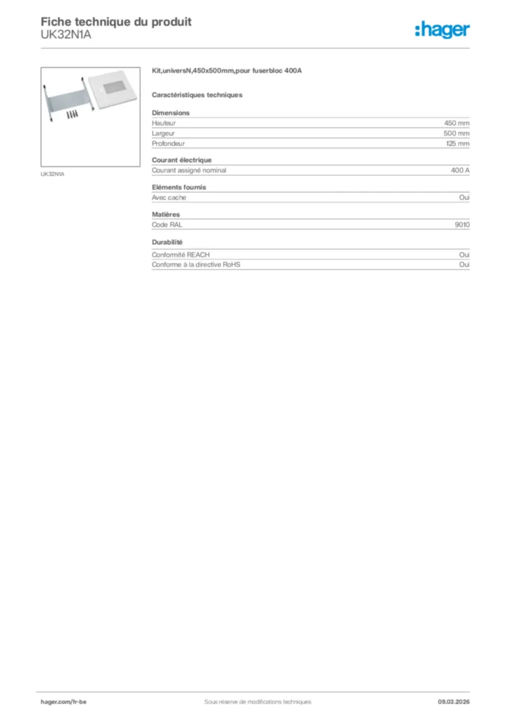 Image Hager Fiche technique du produit UK32N1A | Hager Belgique