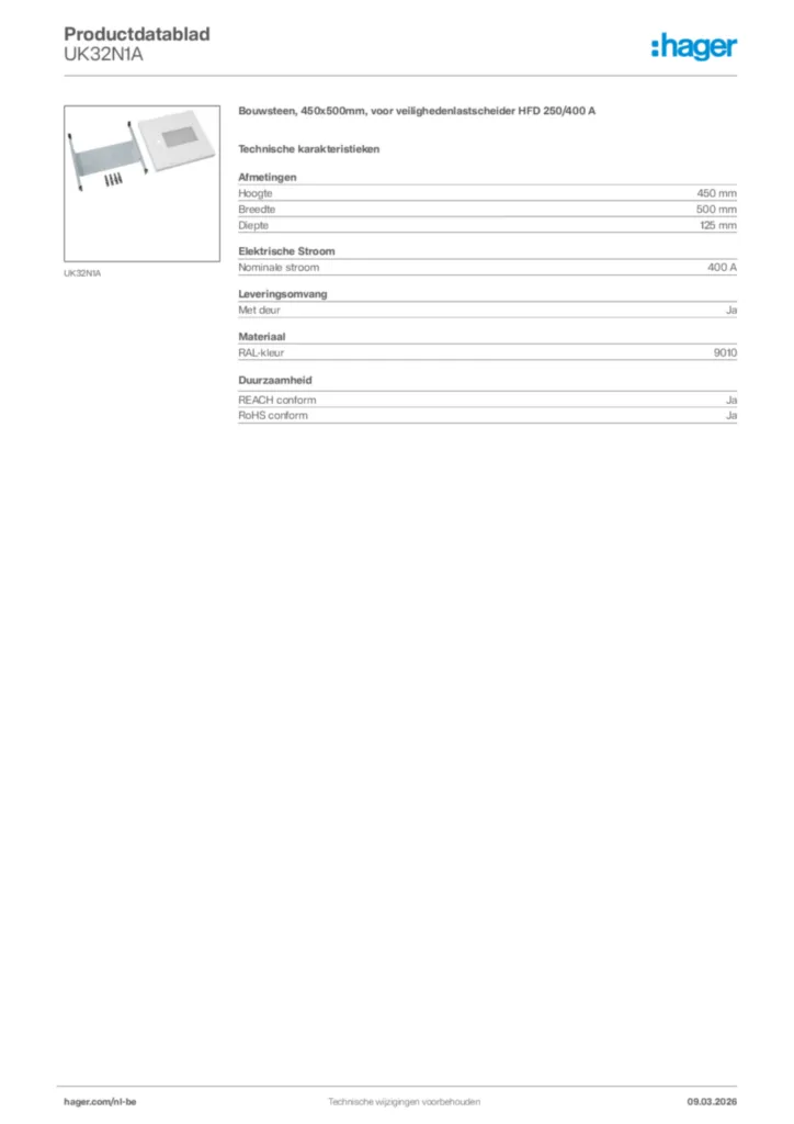 Afbeelding Hager Productdatablad UK32N1A | Hager Belgium