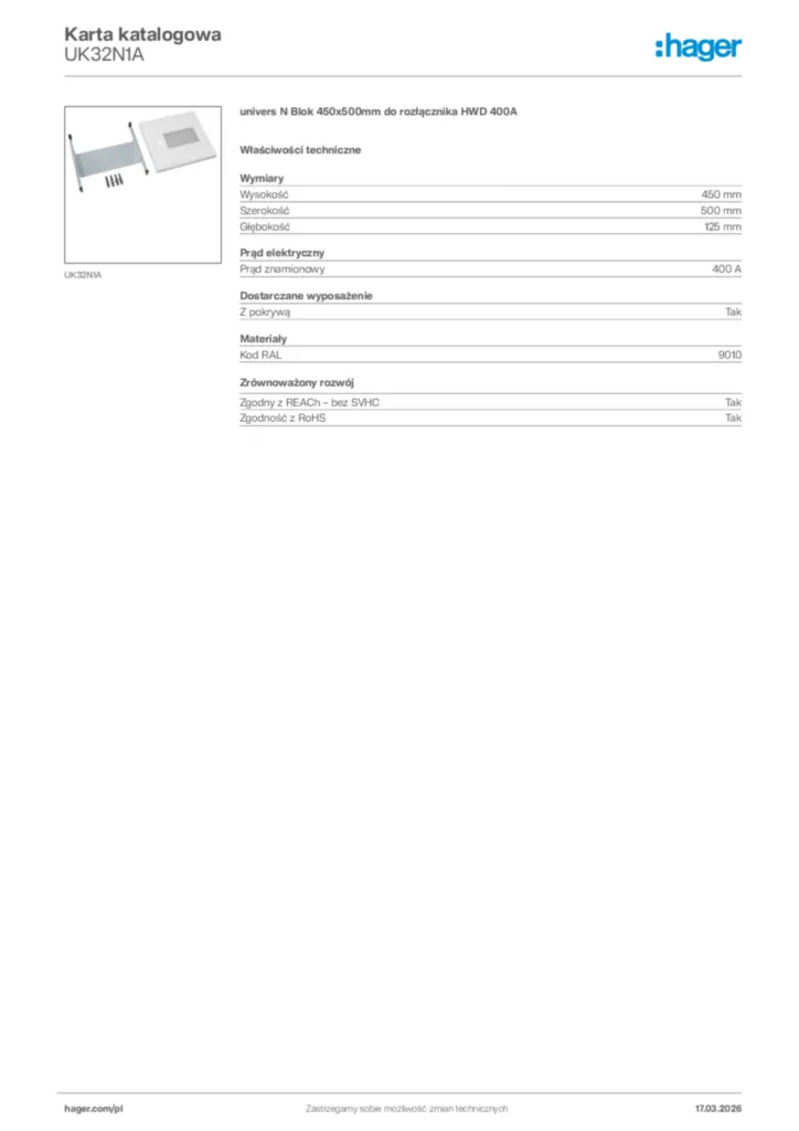 Zdjęcie Hager Karta katalogowa UK32N1A | Hager Polska