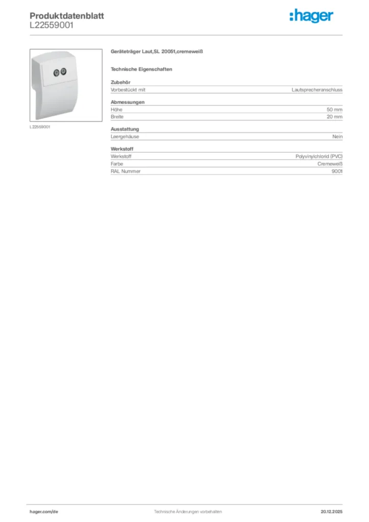 Bild Hager Produktdatenblatt L22559001 | Hager Deutschland