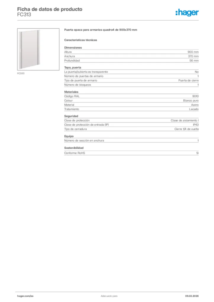 Imagen Hager Ficha de datos de producto FC313 | Hager España