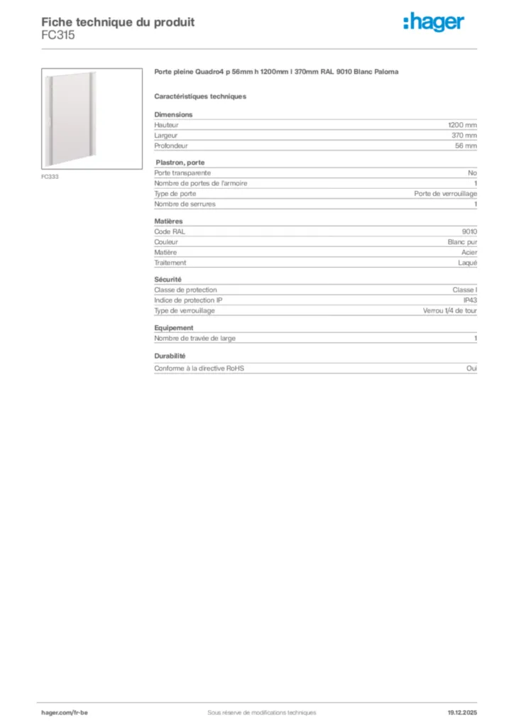Image Hager Fiche technique du produit FC315 | Hager Belgique