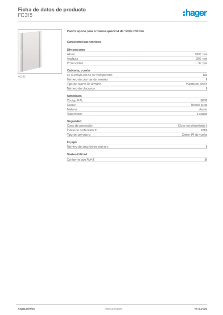 Imagen Hager Ficha de datos de producto FC315 | Hager España