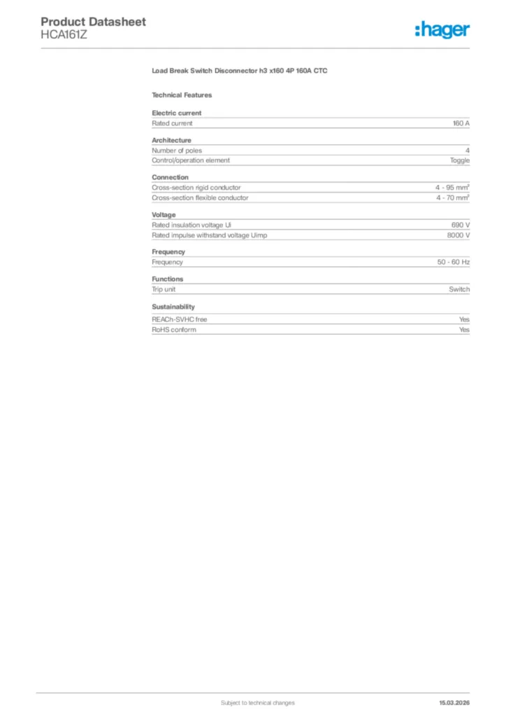 Image Hager Product data sheet HCA161Z  | Hager Africa