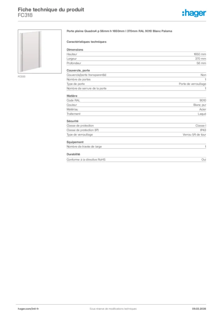 Image Hager Fiche technique du produit FC318 | Hager Afrique