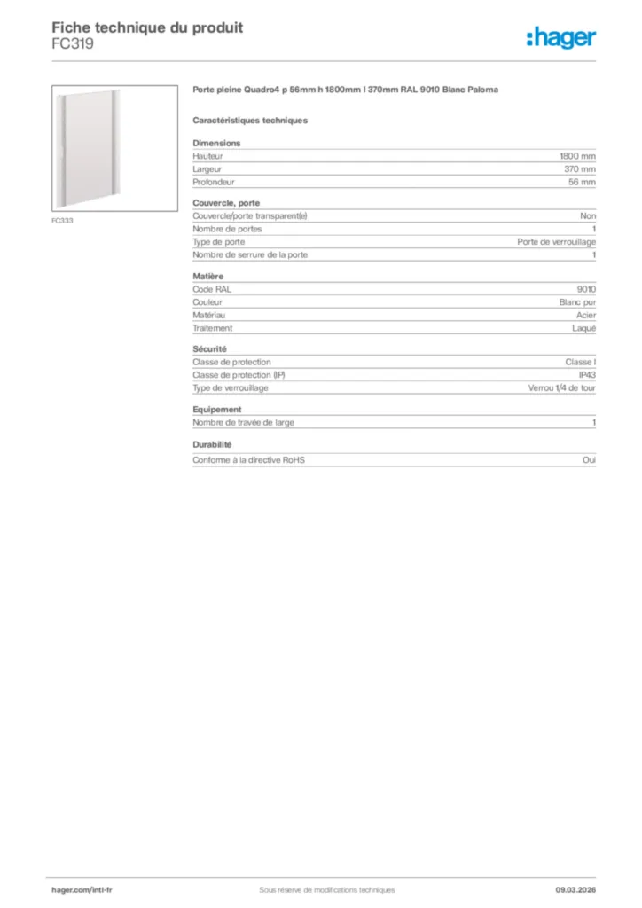 Image Hager Fiche technique du produit FC319 | Hager Afrique