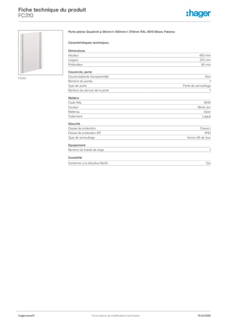 Image Hager Fiche technique du produit FC310 | Hager France