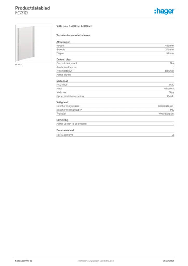 Afbeelding Hager Productdatablad FC310 | Hager Belgium