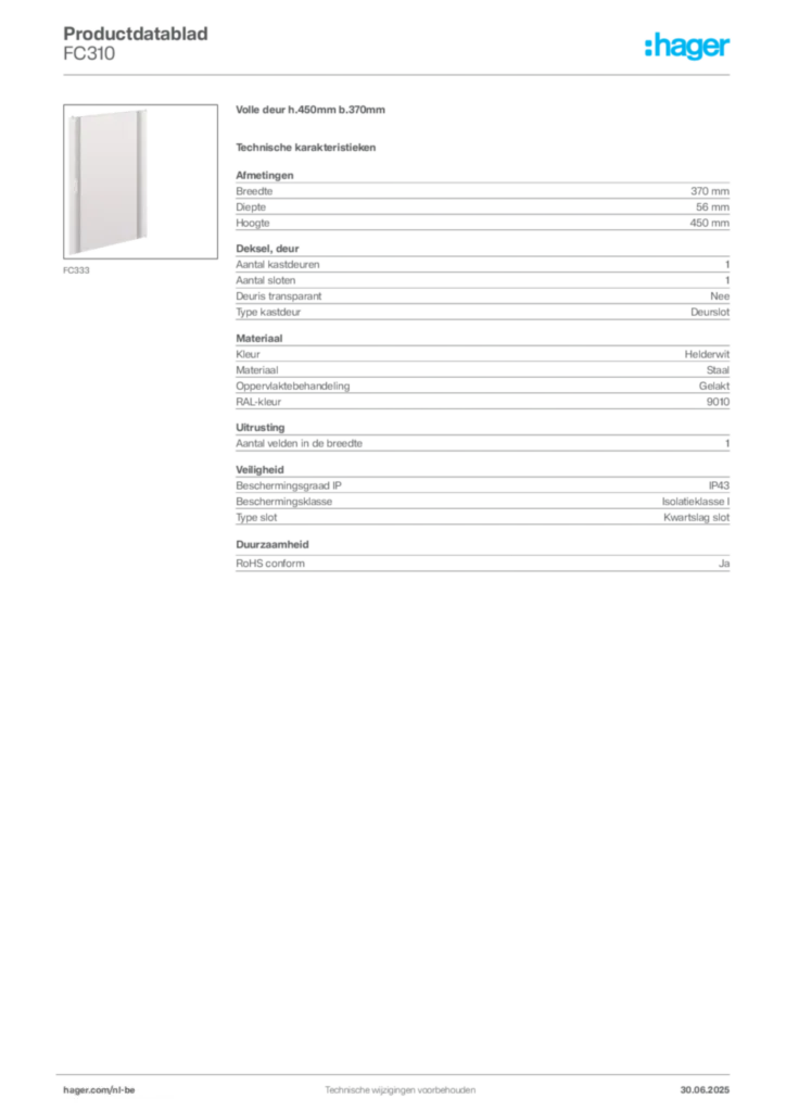 Afbeelding Hager Productdatablad FC310 | Hager Belgium