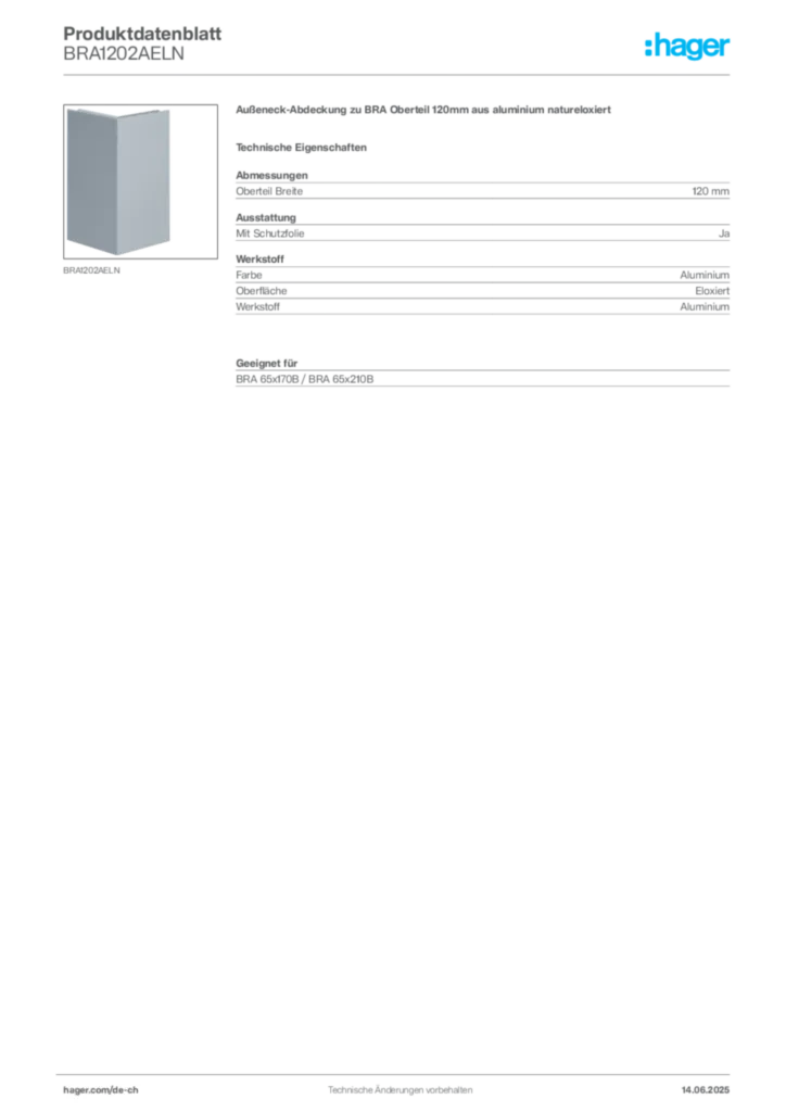 Bild Hager Produktdatenblatt BRA1202AELN | Hager Schweiz