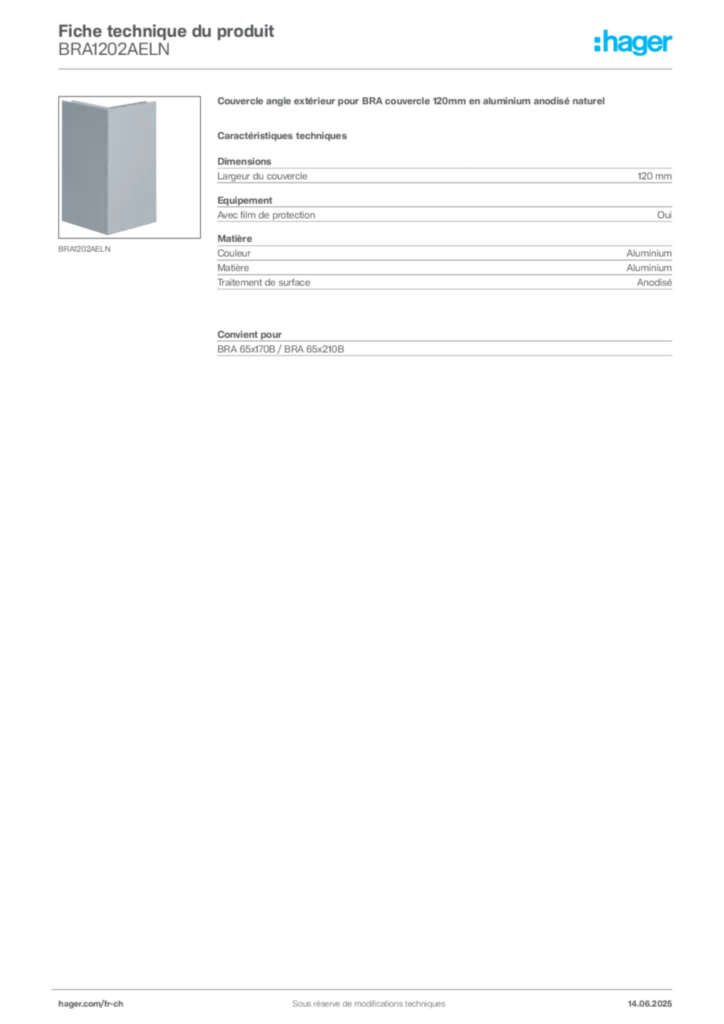 Image Hager Fiche technique du produit BRA1202AELN | Hager Suisse