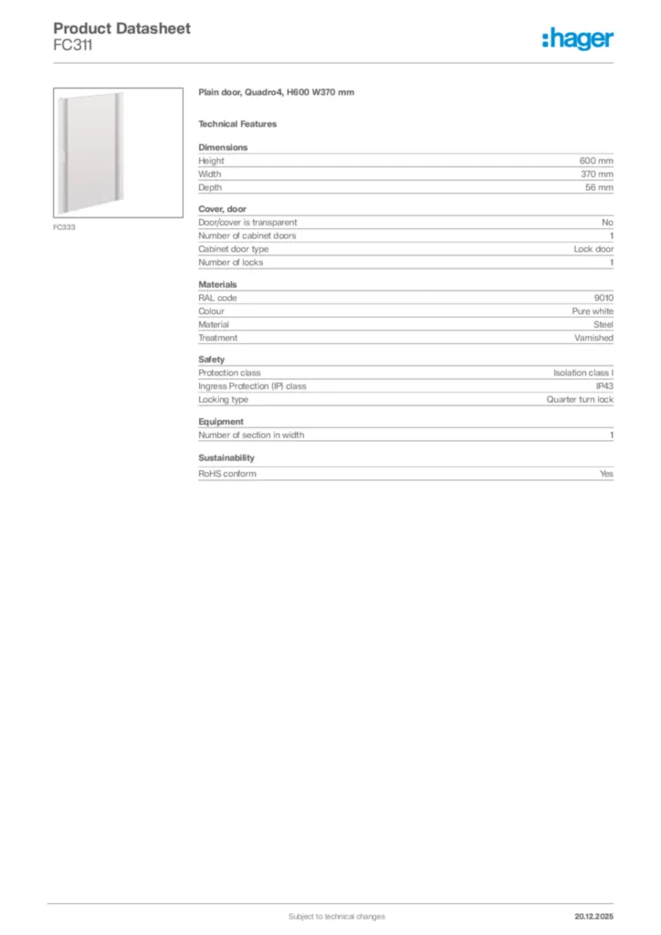 Image Hager Product data sheet FC311  | Hager Africa