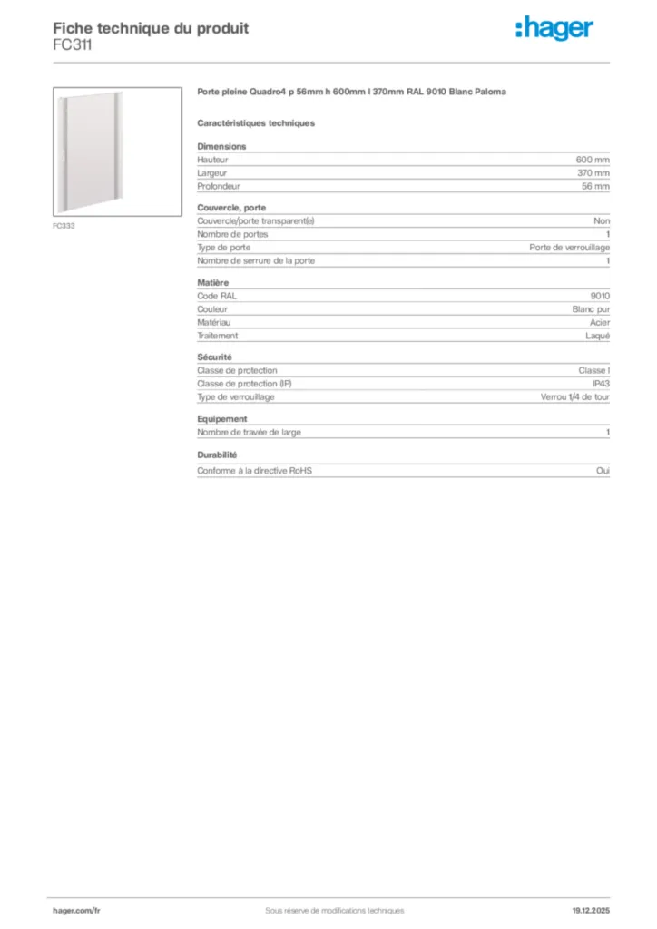Image Hager Fiche technique du produit FC311 | Hager France