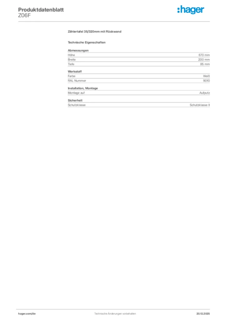 Bild Hager Produktdatenblatt Z06F | Hager Deutschland
