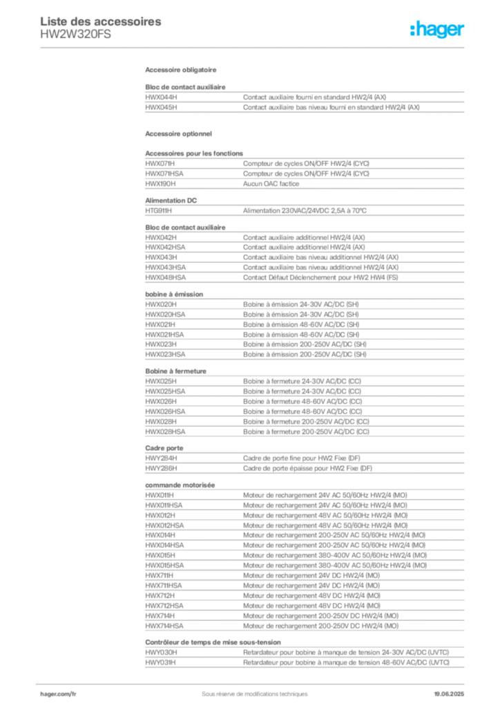 Image Hager Fiche technique du produit HW2W320FS | Hager France