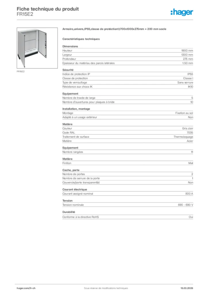 Image Hager Fiche technique du produit FR15E2 | Hager Suisse