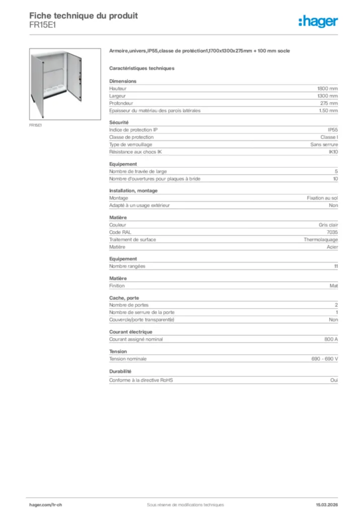 Image Hager Fiche technique du produit FR15E1 | Hager Suisse
