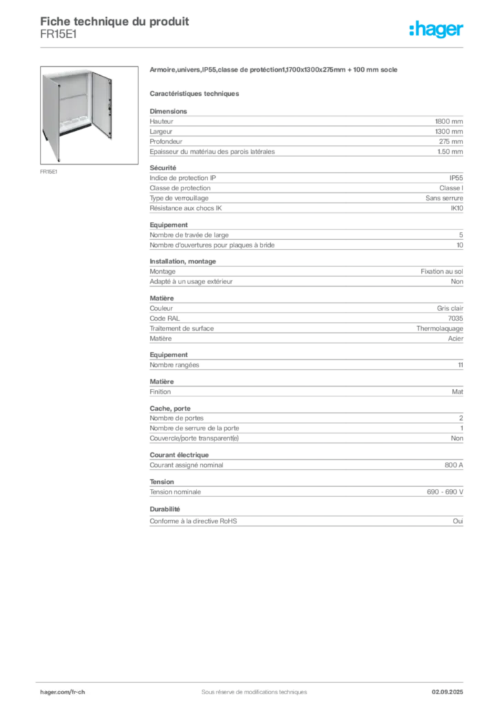 Image Hager Fiche technique du produit FR15E1 | Hager Suisse