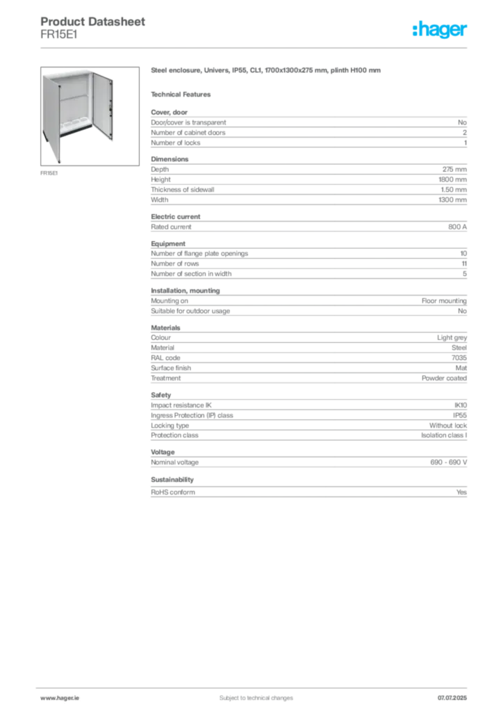 Image Hager Product data sheet FR15E1  | Hager