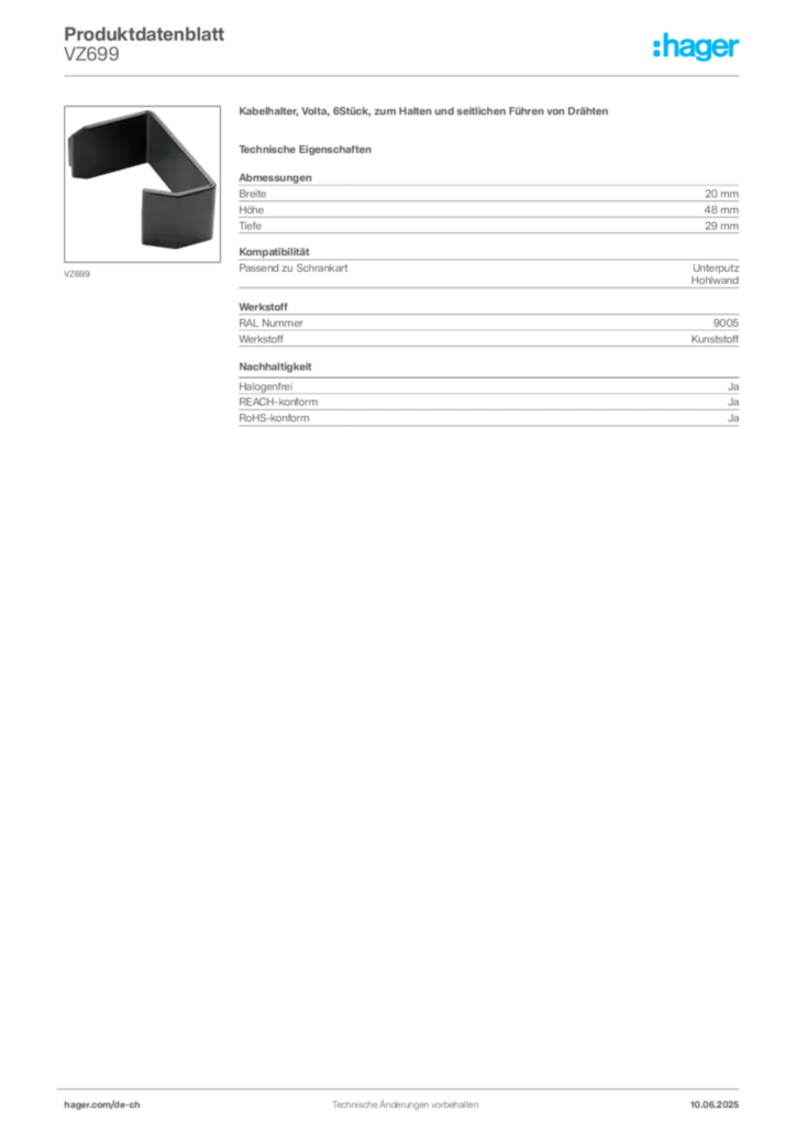 Bild Hager Produktdatenblatt VZ699 | Hager Schweiz