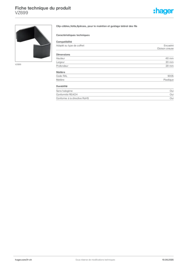 Image Hager Fiche technique du produit VZ699 | Hager Suisse