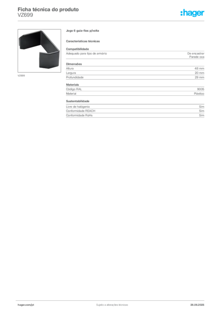 Imagem Hager Ficha técnica do produto VZ699 | Hager Portugal