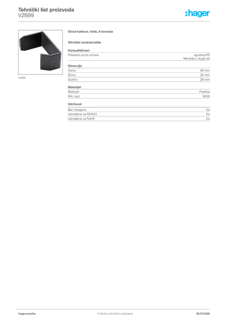 Slika Hager Product data sheet VZ699  | Hager