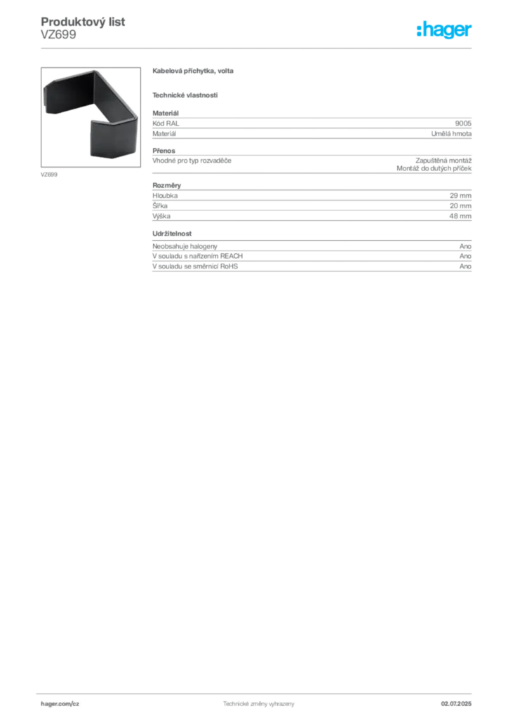 Obrázek Hager Produktový list VZ699 | Hager