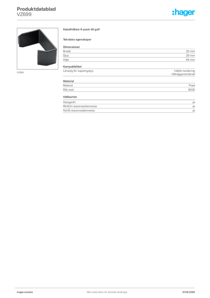 Bild Hager Produktdatablad VZ699 | Hager Sverige