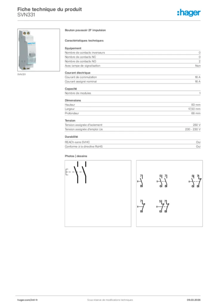 Image Hager Fiche technique du produit SVN331 | Hager Afrique