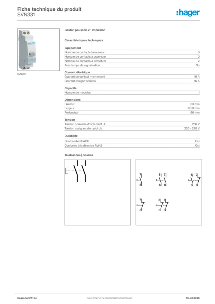 Image Hager Fiche technique du produit SVN331 | Hager Belgique