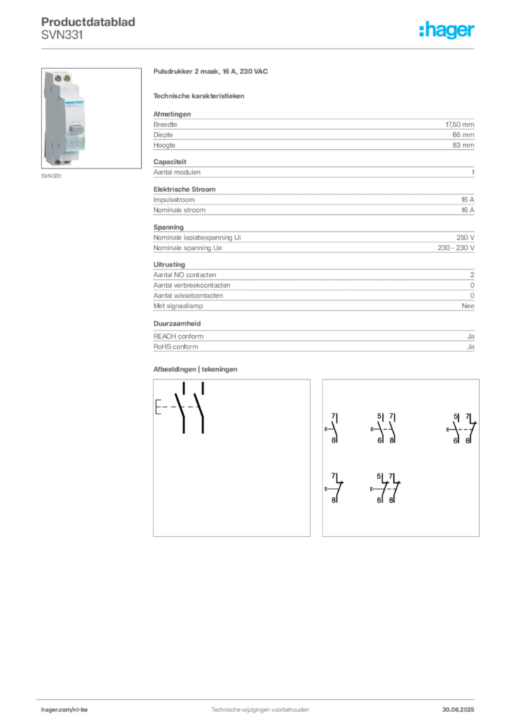 Afbeelding Hager Productdatablad SVN331 | Hager Belgium
