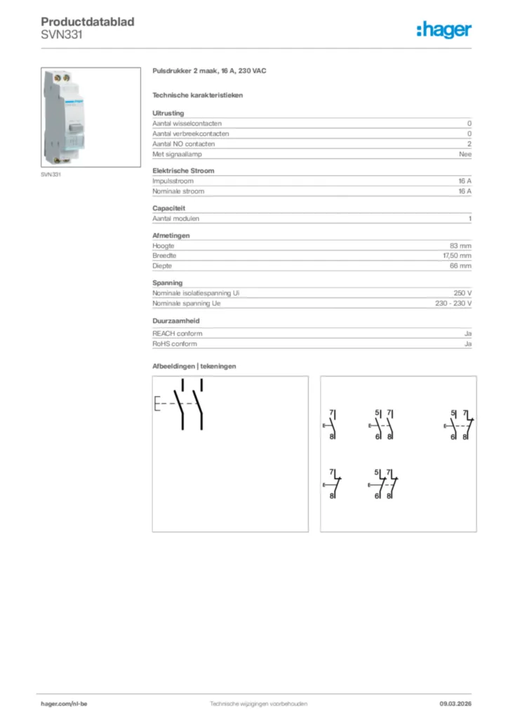 Afbeelding Hager Productdatablad SVN331 | Hager Belgium
