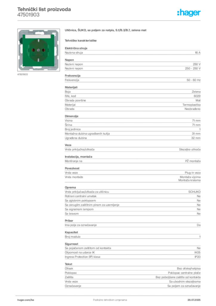 Slika Hager Product data sheet 47501903  | Hager