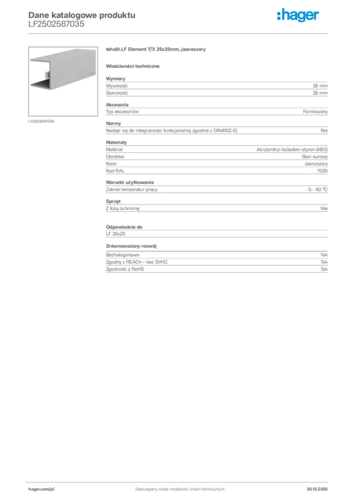 Zdjęcie Hager Karta katalogowa LF2502587035 | Hager Polska