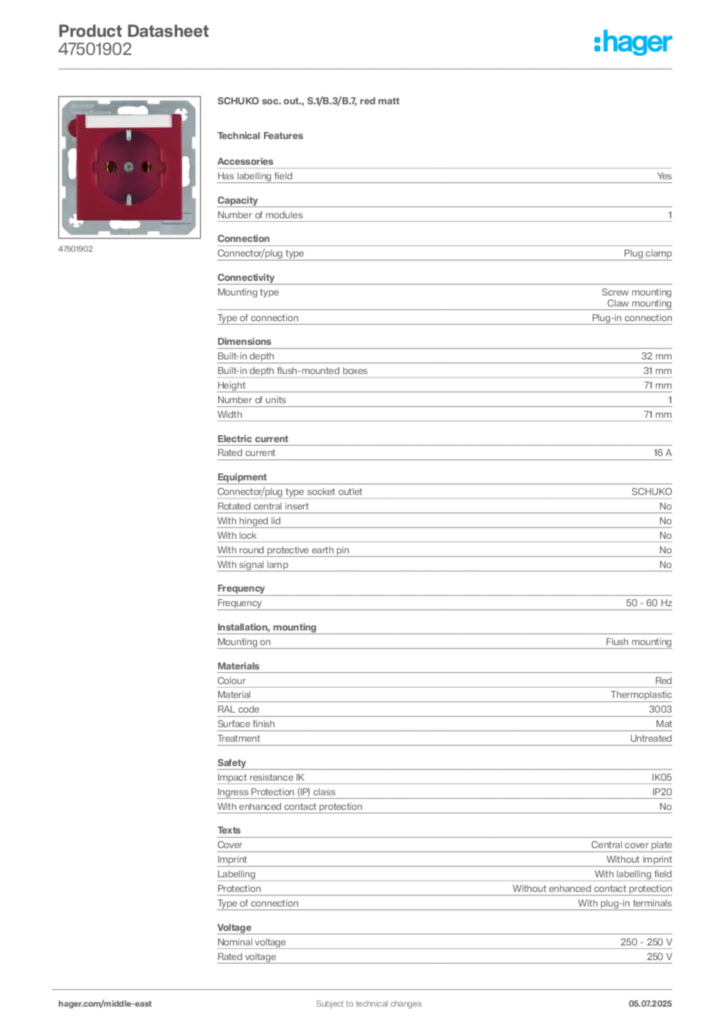 Image Hager Product data sheet 47501902  | Hager