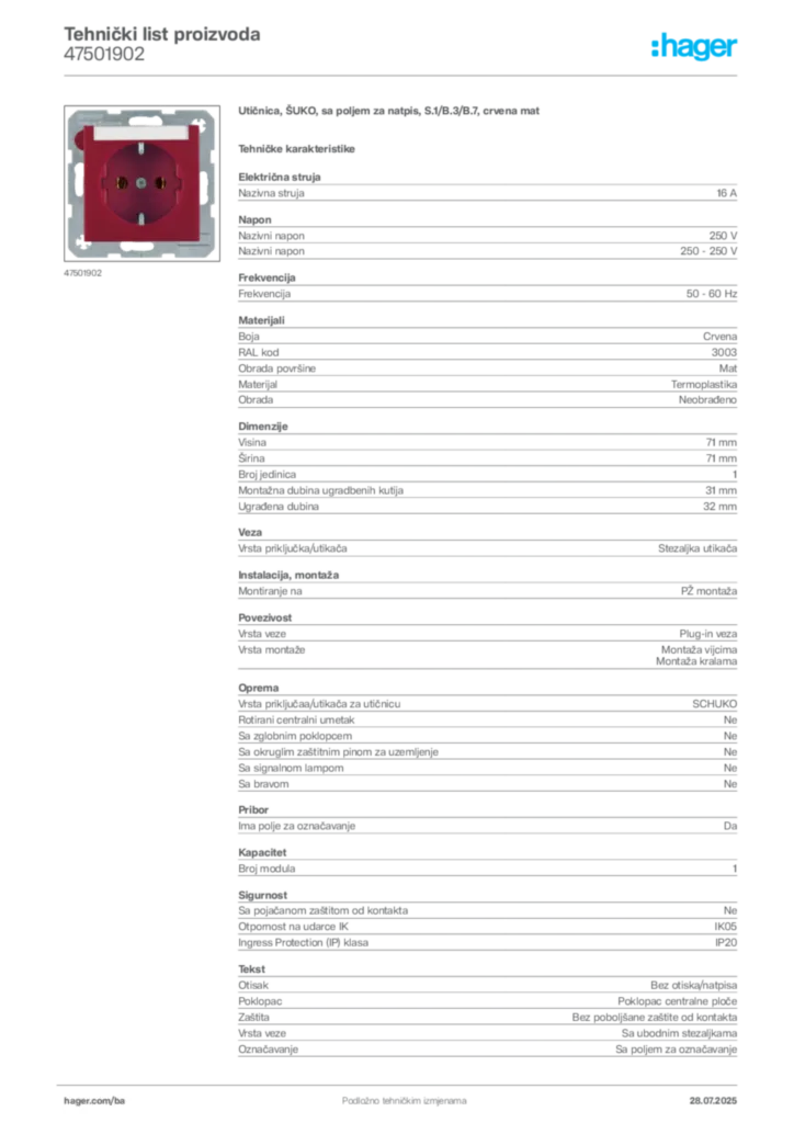 Slika Hager Product data sheet 47501902  | Hager