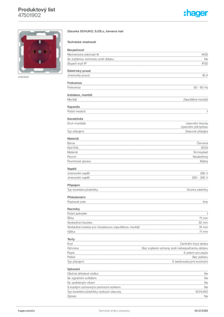 Obrázek Hager Produktový list 47501902 | Hager