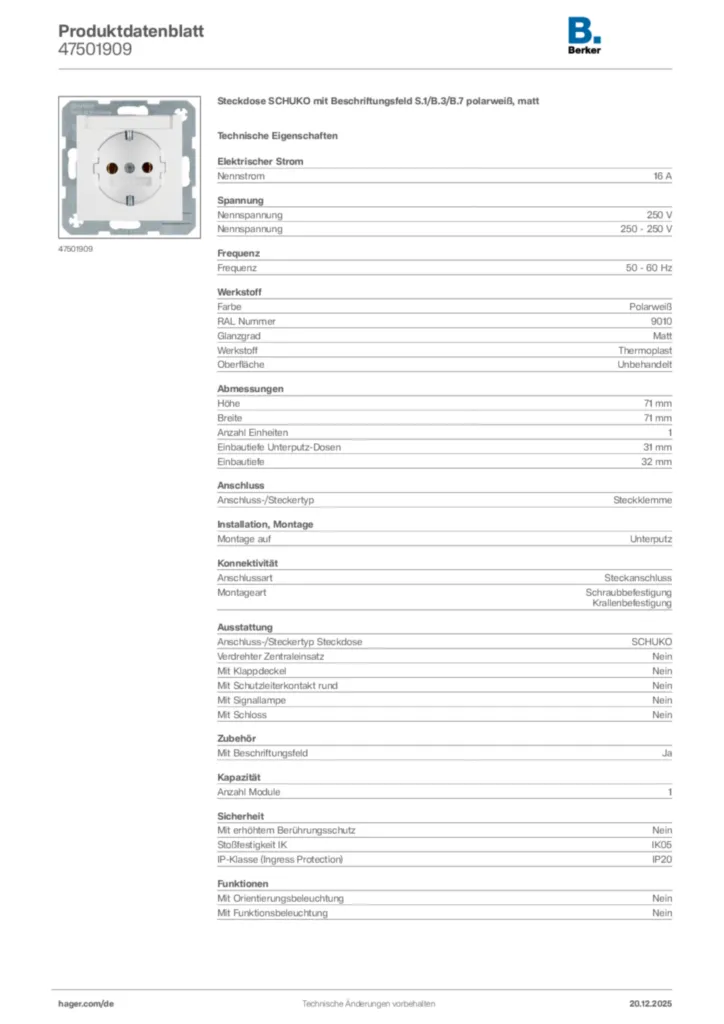 Bild Berker Produktdatenblatt 47501909 | Hager Deutschland
