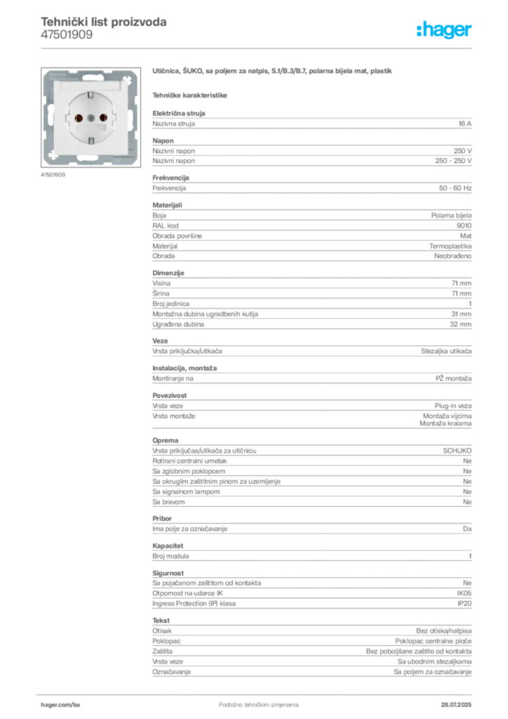 Slika Hager Product data sheet 47501909  | Hager