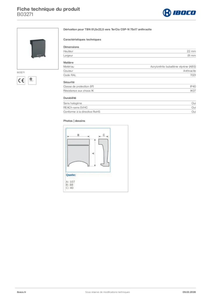 Image Iboco Fiche technique du produit B03271 | Hager France