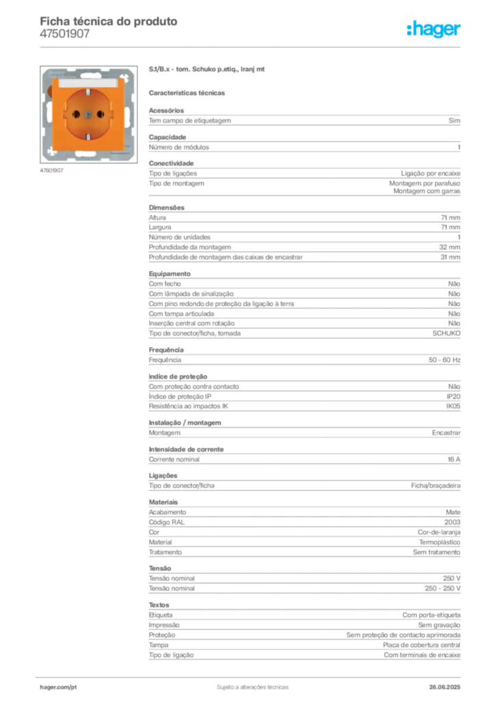 Imagem Hager Ficha técnica do produto 47501907 | Hager Portugal