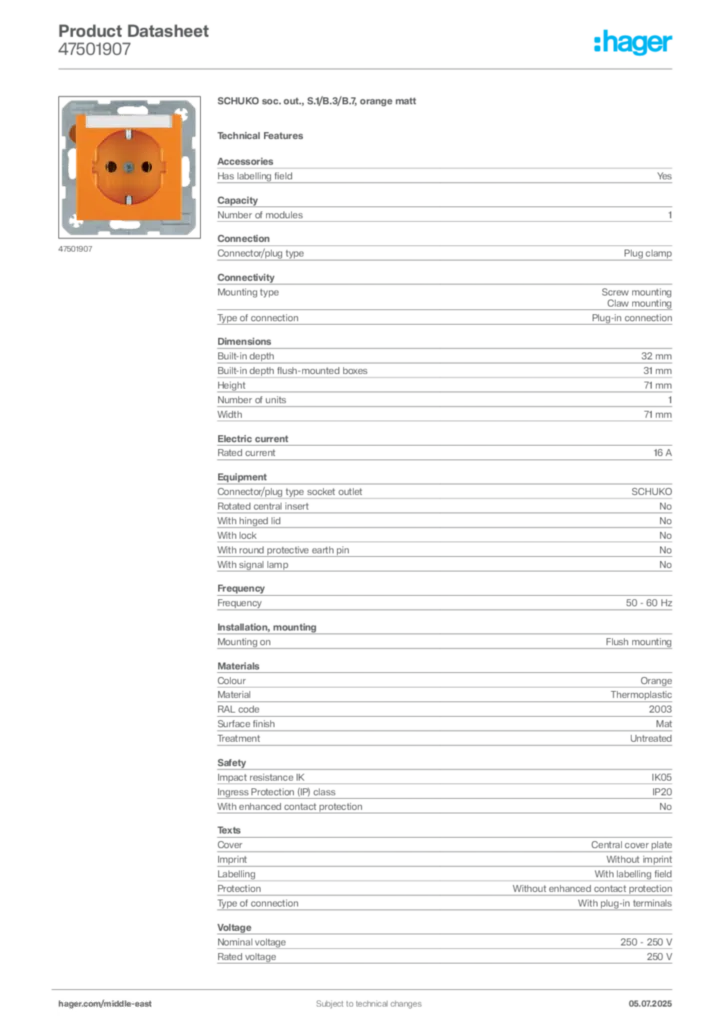 Image Hager Product data sheet 47501907  | Hager