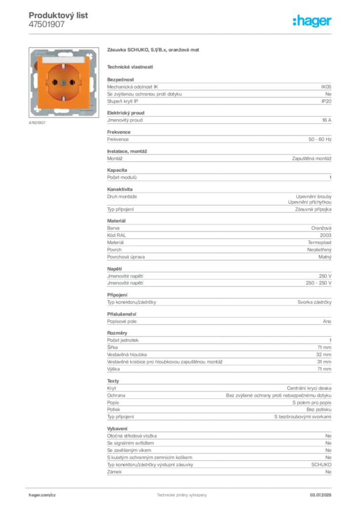 Obrázek Hager Produktový list 47501907 | Hager